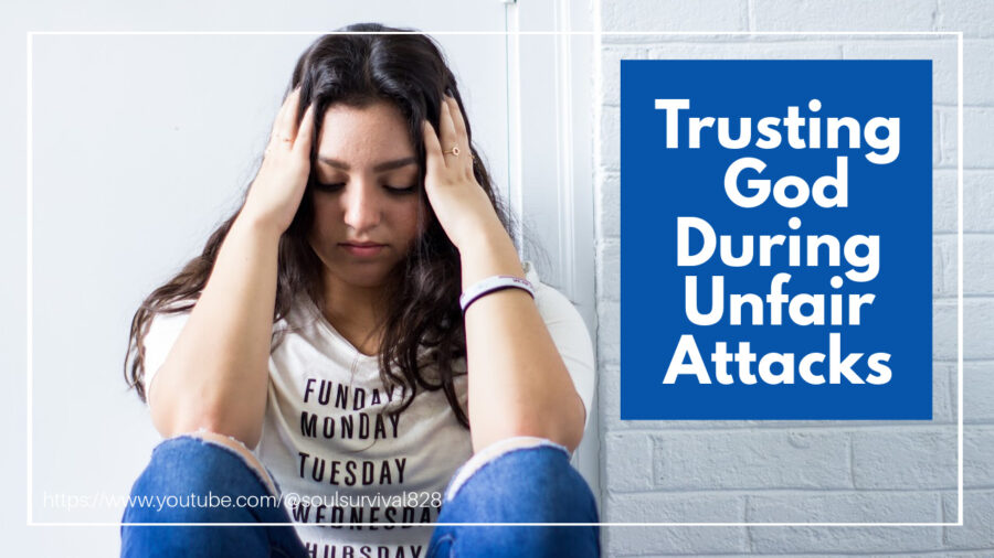 Young woman sitting on the floor with her hands on her head with text that reads: Trusting God During Unfair Attacks