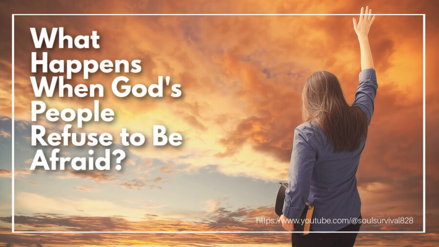 Woman looking up at the sky with a Bible under her arm and text that reads: What Happens When God's People Refuse to Be Afraid?