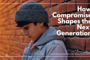 Teen boy leaning against a brick wall with text that reads: How Compromise Shapes the Next Generation