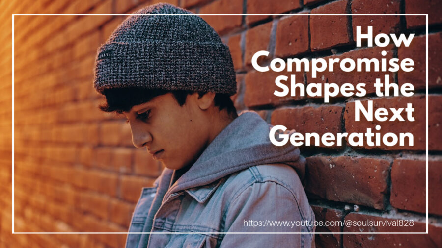 Teen boy leaning against a brick wall with text that reads: How Compromise Shapes the Next Generation