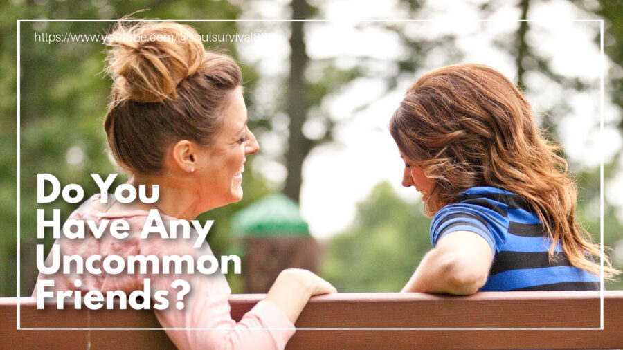 Two female friends laughing on a bench at a park with text that reads: Do You Have Any Uncommon Friends?
